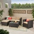 Noble House Cascada Outdoor 6 Piece Wicker L-Shaped Sectional Sofa Set with Club Chair and Cushions Dark Brown Beige