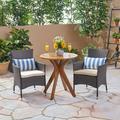 Leila Outdoor 3 Piece Acacia Wood and Wicker Bistro Set with Cushions Teak Multi Brown