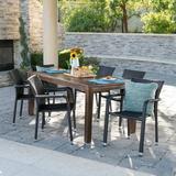 Hassan Outdoor 7 Piece Dining Set with Wood Table and Wicker Dining Chairs Dark Brown Finish Multi Brown