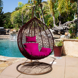 Patio Swing Chair Outdoor Wicker Plastic Tear Drop Swing Lounge Chair with Red Mat & Black Support Frame