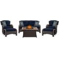 Hanover Strathmere 6 Pcs Wicker and Steel Propane Fire Pit Sectional Set Navy Blue