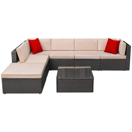 Lacoo 7 Pieces Patio Conversation Set Indoor Outdoor PE Rattan Wicker Furniture Sectional Sets with Cushions and Table Beige