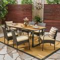 Juliet Outdoor 7-Piece Acacia Wood and Wicker Rectangular Dining Set with Cushions Multi Brown Teak Cream