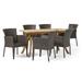 Kelly 7 Piece Outdoor Wicker and Acacia Wood Dining Set Teak Finish