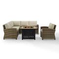 Bradenton 5Pc Outdoor Wicker Sectional Set W/Fire Table Weathered Brown/Sand - Right Corner Loveseat Left Corner Loveseat Corner Chair Armchair & Tucson Fire Table