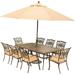 Hanover Traditions 9-Piece Rust-Free Aluminum Outdoor Patio Dining Set with Tan Cushions 8 Dining Chairs and Aluminum Rectangular Dining Table with Umbrella TRADDN9PC-SU