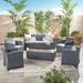 Alexa Outdoor 7 Piece Wicker Print Chat Set with Fire Pit and Tank Holder Charcoal Light Gray Dark Gray