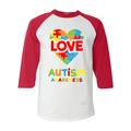 Shop4Ever Men s Love Puzzle Heart Autism Awareness Raglan Baseball Shirt X-Small White/Red