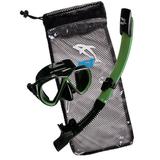 IST Compact Snorkeling Combo Set: Shatterproof Mask Semi Dry Top Snorkel & Travel Mesh Drawstring Bag (Black Silicone/Green Small)