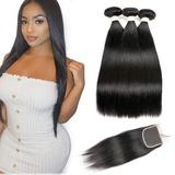 Ustar Brazilian Straight Virgin Hair 3 Bundles with Closure Free Part 22 24 26 with 22 Closure 100% Unprocessed Remy Human Hair Extensions Hair Weft Weave with Lace Closure Natural Color