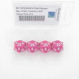 Pink Opaque Dice with White Numbers D20 Aprox 16mm (5/8in) Pack of 4 Wondertrail