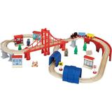 Giant 60 Piece Wooden Train Set - Complete Toy Railway for Ages 3-8 with Tracks Engine Cars Bridges Stations People Signs. Genuine Hardwood Durable Compatible with All Major Brand Accessories