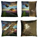 GCKG Country Farmhouse Pillowcase Lonely Tree in a Lavender Flowers Field at Beautiful Sunset Air Balloons Reversible Mermaid Sequin Pillow Case Home Decor Cushion Cover 20x20 inches