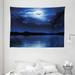Night Tapestry Fantasy Moon and Clouds over Calm Water Seascape Dramatic Cloudy Dark Sky Wall Hanging for Bedroom Living Room Dorm Decor 80W X 60L Inches Navy Blue White Black by Ambesonne