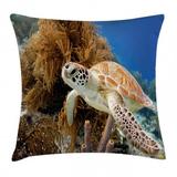 Turtle Throw Pillow Cushion Cover Coral Reef and Sea Turtle Close Up Photo Bonaire Island Waters Maritime Decorative Square Accent Pillow Case 18 X 18 Inches Light Coffee Brown Blue by Ambesonne