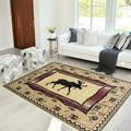 Lodge Cabin Nature and Animals Area Rug - Geometric Design Cabin Area Rug - Abstract Beige/Ivory/Red-Moose