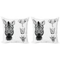 Animal Throw Pillow Cushion Cover Pack of 2 Monochrome Sketch of Zebra Giraffe Elephant Heads Wildlife Animal Zoo Image Zippered Double-Side Digital Print 4 Sizes White and Black by Ambesonne