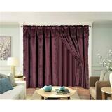 8-Piece BURGUNDY Nada Luxury Faux Jacquard Floral Design Panel Rod Pocket Window Curtain Set Attached Valance Panel And Sheer- Includes 2 Tie Backs