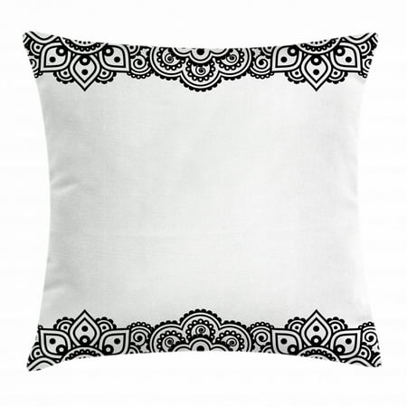 Henna Throw Pillow Cushion Cover Damask Inspired Border Design Folkloric Mehendi Curls Flowers Retro Style Cultural Decorative Square Accent Pillow Case 20 X 20 Inches Black White by Ambesonne