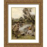 Leon Augustin L Hermitte 2x Matted 20x24 Gold Ornate Framed Art Print Laveuses bord de Marne ou Lavandiere et sa fille au bord de la riviere