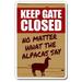 SignMission Z-1117-Keep Gate Closed Alpaca 11 x 17 in. Warning Sign - Keep Gate Closed Alpaca Farm