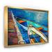 Designart Boats and Pier in Blue Shade Seascape Framed Canvas Art Print
