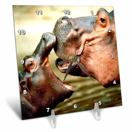 3dRose Mama Hippo Kisses Her Baby 6x6 Desk Clock