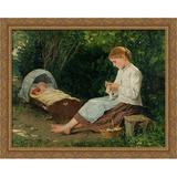 Knitting Girl Watching the Toddler in a Craddle 36x28 Large Gold Ornate Wood Framed Canvas Art by Albert Anker