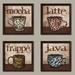 Fun Trendy Animal Print Mugs; Latte Frappe Mocha and Java Signs; Kitchen DÃ©cor; Four 12 by 12-Inch Brown Framed Prints Ready to hang!
