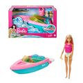Barbie Speedboat Set, Barbiepuppe mit blonden Haaren, rosa Schwimmweste, Boot, Welpe, Zubehör, Geschenke für Kinder ab 3 Jahren,GRG30