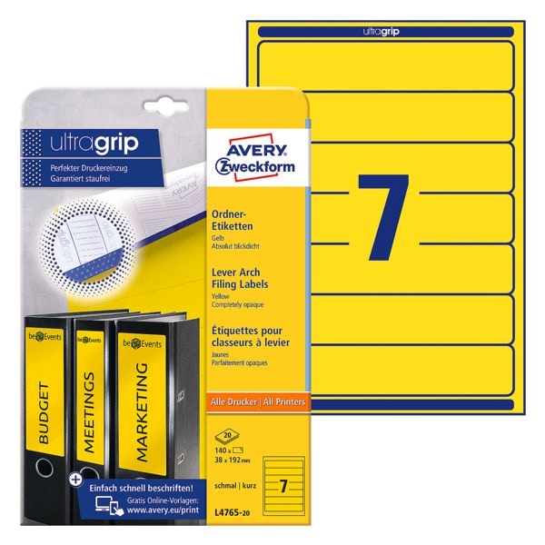 Avery Zweckform 20% AKTION: farbige Ordnerrücken-Etiketten für schmale Ordner zum Vorteilspreis gelb, 5 cm Image
