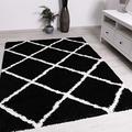 VIMODA Shaggy Rug Diamond Design Black Cream Modern Living Room Dimensions: 140 x 200 cm