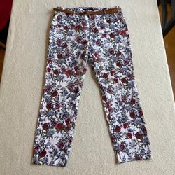 Zara Pants & Jumpsuits | .Zara | Floral Chino Pants With Belt. | Color: Red/White | Size: 10