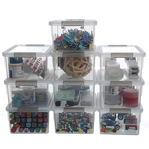 Citylife 1.3 QT 10 Pack Small Storage Bins Plastic Storage Container Stackable Box with Lids for Organizing, Clear White