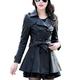 YAOTT Women Mid-Length Winter Coat Long Faux Leather Jacket Slim Fleece Lined Lapel PU Leather Trench Coat with Belt Black XS