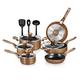 13-Piece Nonstick Kitchen Cookware Set - PTFE/PFOA/PFOS-Free Heat Resistant Kitchen Ware Pots Pan Set w/Saucepan, Frying Pans, Cooking Pots, Casserole, Lids, Ladle, Fork, Strainer, Brown-NCCWA13BR