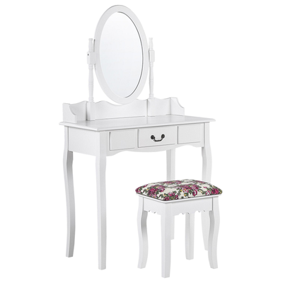 Schminktisch Weiß 142x 40 x 80 cm Hocker Kippbarer Ovaler Spiegel 1 Schublade Schlafzimmer Wohnzimmer Aufbewahrung Kosme
