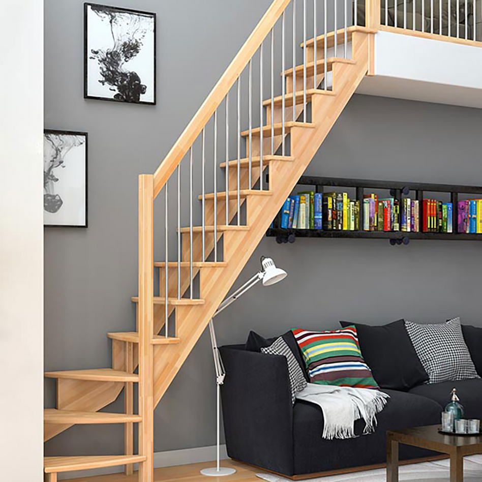 DOLLE Raumspartreppe Wangentreppe Lyon, 75 cm, 1/4 gewendelt,Buche,Metallstäbe rechts,unbehandelt Image