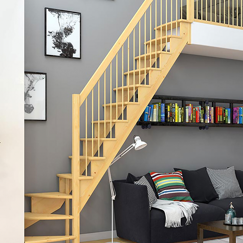 DOLLE Raumspartreppe Wangentreppe Lyon, 75 cm, 1/4 gewendelt,Holzgeländer rechts,Kiefer,unbehandelt Image