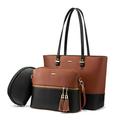 Leather Handbag for Women Hobo Shoulder Bag Purse LargeLadies Bag 3-Piece Set, Cross Body Bag, Small Makeup Pouch, Top Handle Satchel Purse Set (Brown and Black)