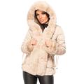 Womens Ladies Quilted Padded Side Buckle Belted Bubble Faux Fur Trim Collar Hooded Thick Puffer Winter Outerwear Parka Coat Jacket Beige UK Size L-12