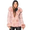 Womens Ladies Quilted Padded Side Buckle Belted Bubble Faux Fur Trim Collar Hooded Thick Puffer Winter Outerwear Parka Coat Jacket Pink UK Size 2XL-16