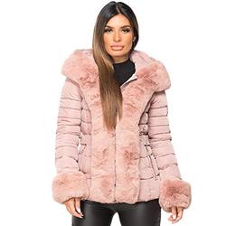 Womens Ladies Quilted Padded Side Buckle Belted Bubble Faux Fur Trim Collar Hooded Thick Puffer Winter Outerwear Parka Coat Jacket Pink UK Size 2XL-16