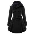 LOPILY Women's Double Breasted Woolen Coats Draped Waterfall Pea Coat Plus Size Swing Coat Faux Fur Collar Cute Tops for Women Winter(Black,XXL)