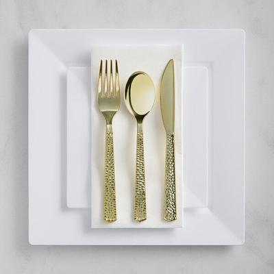 Visions 120 Settings of Gold White Florence Plastic Dinnerware and Hammered Flatware - 120/Case