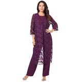 Plus Size Women's Three-Piece Lace Duster & Pant Suit by Roaman's in Dark Berry (Size 36 W) Duster, Tank, Formal Evening Wide Leg Trousers