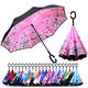 Owen Kyne Windproof Double Layer Folding Inverted Umbrella, Self Stand Upside-down Rain Protection Car Reverse Umbrellas with C-shaped Handle (Pink Butterfly)