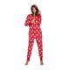 Italian Fashion IF Women's Cotton Pyjamas, Pijama Onesie, Beautiful Jumpsuit, Long Sleeve Bodysuit with Hood, Sleepwear or Leisure Suit, Model with Pockets - Red - Small