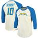 Men's Majestic Threads Justin Herbert Cream/Powder Blue Los Angeles Chargers Vintage Player Name & Number 3/4-Sleeve Fitted T-Shirt