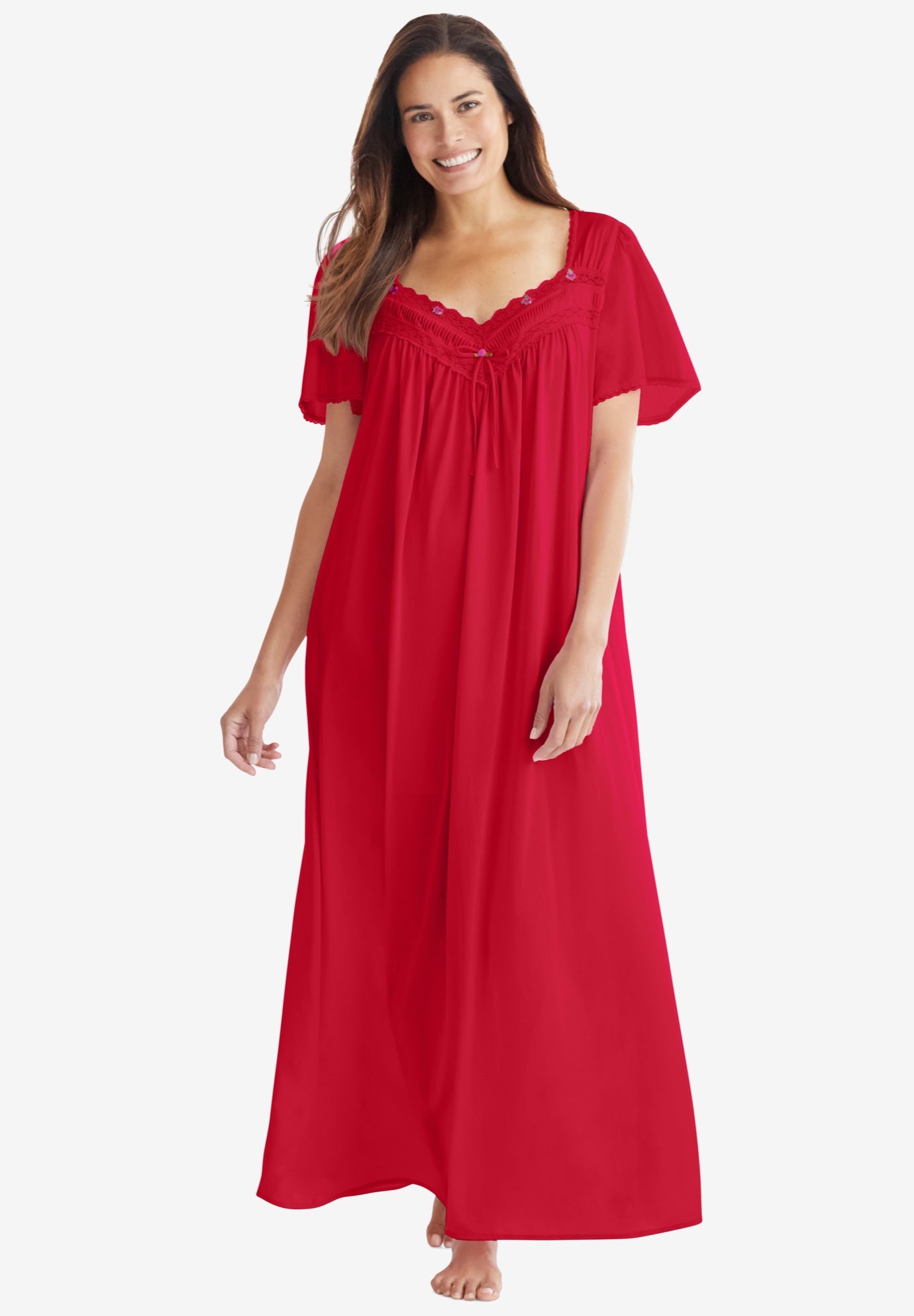 Plus Size Women's Long Silky Lace-Trim Gown by Only Necessities in Classic Red (Size 5X) Pajamas